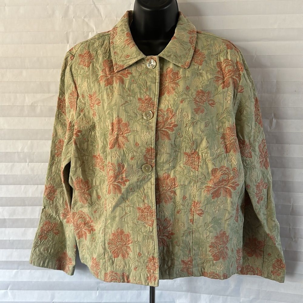 Coldwater Creek Green Floral Button Down Jacket Women’s Size Large